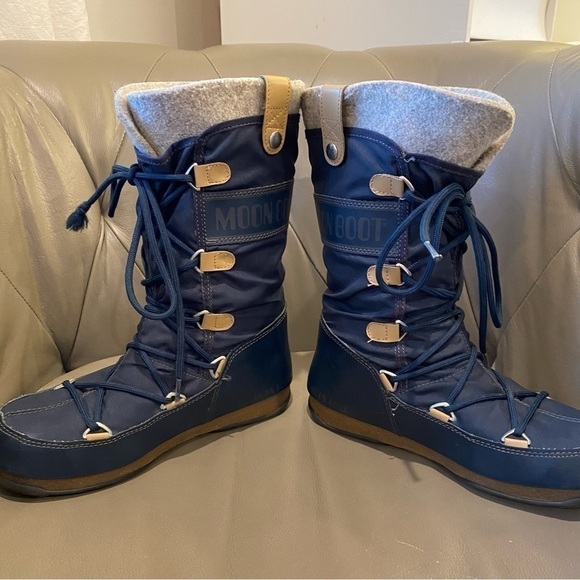 The Original Moon Boot Monaco Felt Warm Winter Snow Boots Navy Blue Women Size 6 - Picture 5 of 12